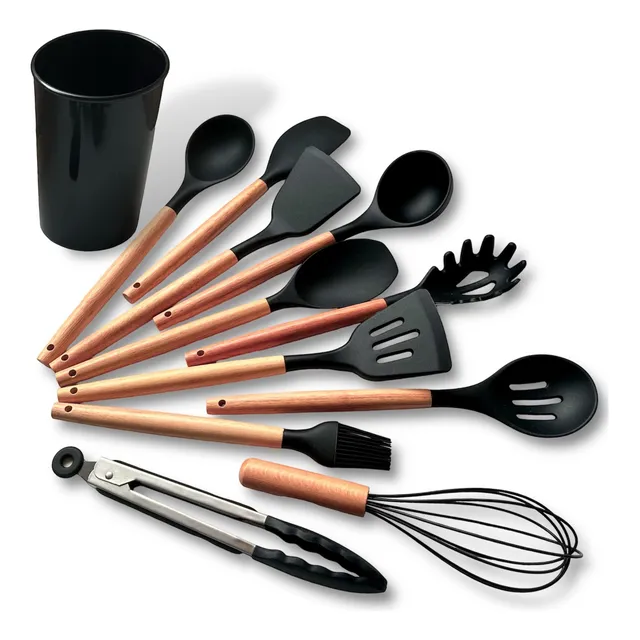 Kit C/12 Utensílios De Cozinha Silicone Cabo Madeira