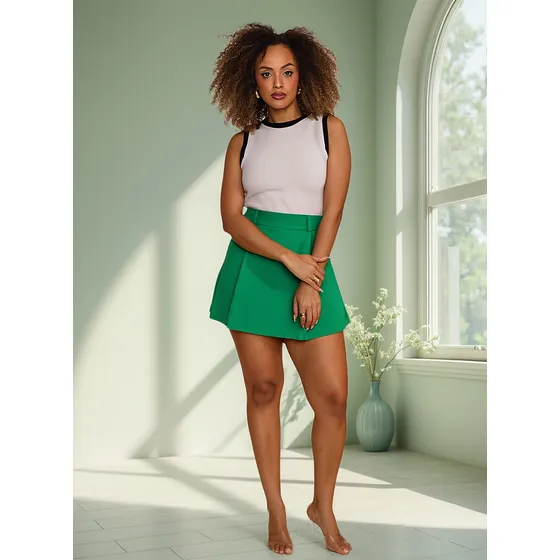 Short Saia Com Pregas E Passante Com Ziper Invisível Lateral