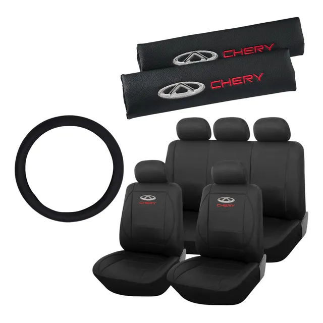 Funda Ecocuero Auto + Cubre Cinto Logo Chery + Cubre Volante