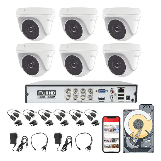 Hikvision Kit Circuito Cerrado Hilook Dvr 8 Canales 6 Camaras Domo 1080p 2mp Full Hd Thc-t120-pc Video Baluns con Disco Duro 2tb Blanco