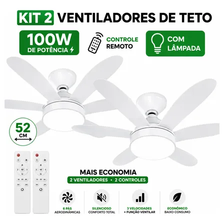 Kit 2 Ventiladores De Teto 52cm 100w Com Controle Remoto 52 Cm Branco 127/220v Plástico 6