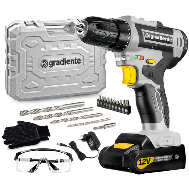 Parafusadeira Furadeira Sem Fio Gradiente Gpb12v-ac 3/8 12v Bivolt Para Madeira Metal Com Maleta E Acessórios