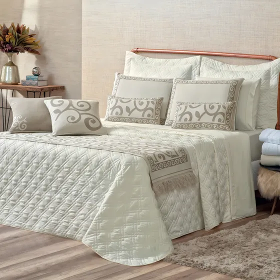 Kit Cobre Leito Casal Queen Completo 10 Peças Turin Premium Cor Marfim Mandala
