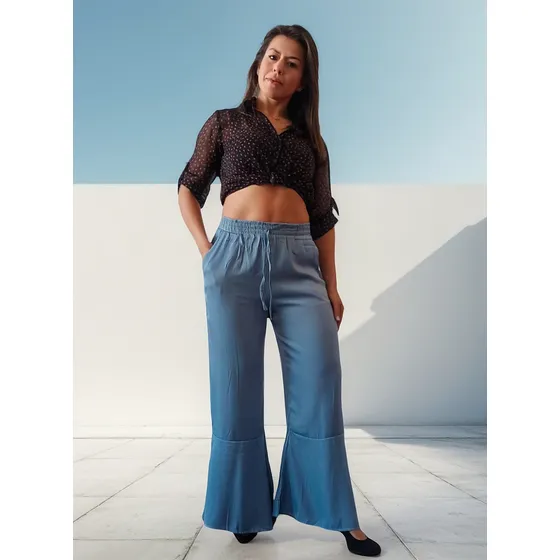 Pantalon Palazzo Ancho  Con Dobladillo De Volantes Retro