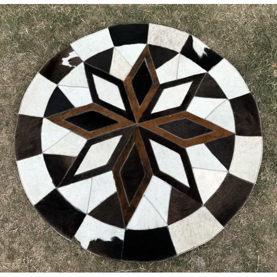 Alfombra Circular De Cuero Vacuno-100% Natural-diseño Único