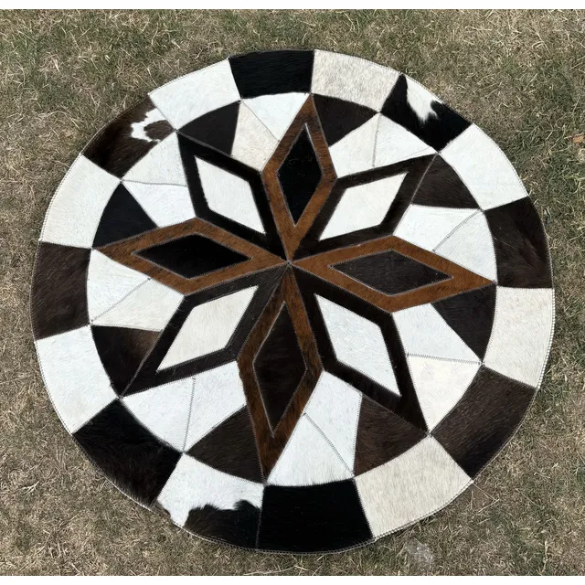 Alfombra Circular De Cuero Vacuno-100% Natural-diseño Único