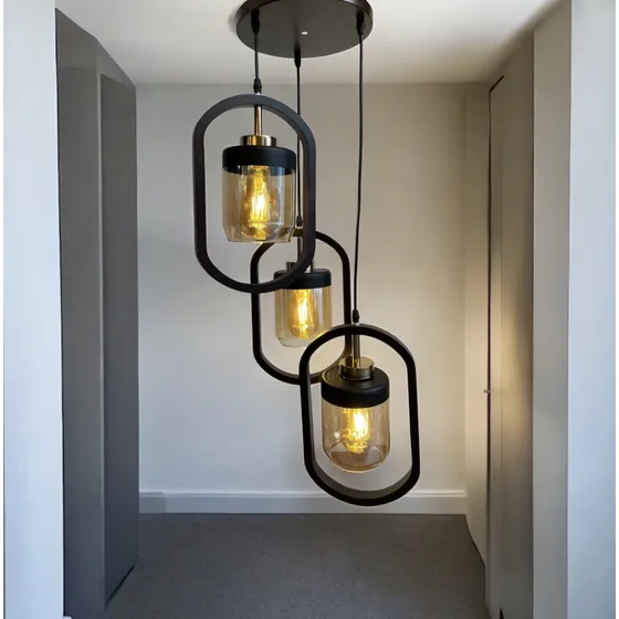 Lampara Colgante Triple Madera Con Vidrios Color Ambar Moder