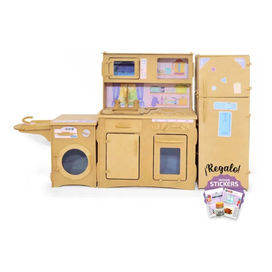 Cocina De Madera Con Heladera Y Lavarropas Infantil Cocinita Color Crudo