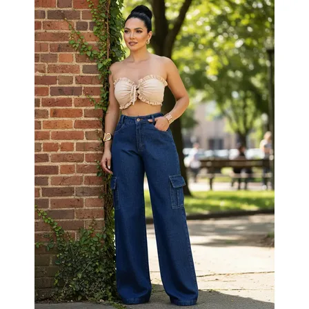Calça Jeans Feminina Cargo Levanta Bumbum Cintura Alta 100%