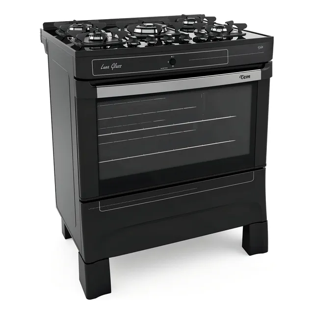 Cocina Tem Luna Glass 5H a gas/eléctrica 5 hornallas negra puerta con visor 81.6L