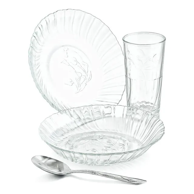 Juego 12 Piezas Vajilla Platos Vasos Cubiertos Vidrio