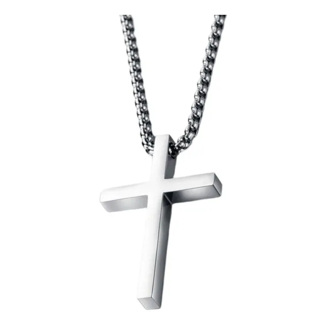 Cadena Hombre 55 Cm Titanio Plateada Dije Cruz 4 Cm