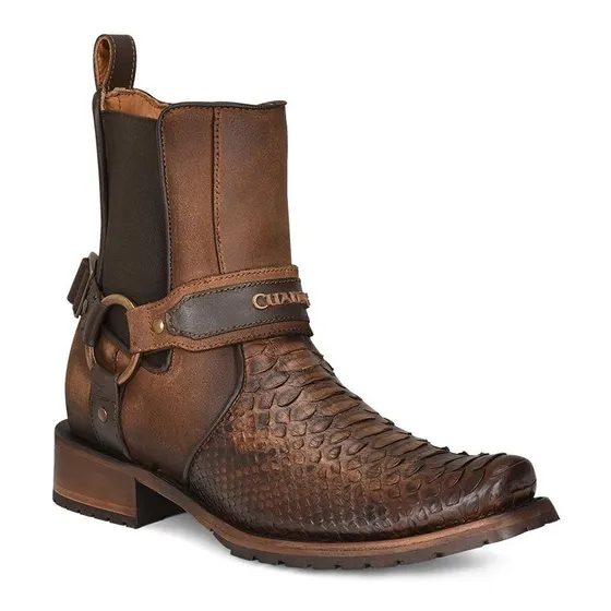 Botines Cuadra Caballero En Piel Genuina De Pitón Café