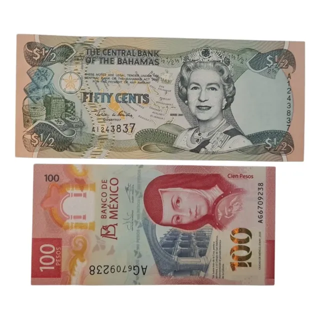 2 Billetes : Bahamas 50 Cents 2001, Mexico 100 Pesos 2020