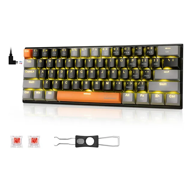 TERPORT Teclado Mecánico Gamer 60% Z11 Luz Amarilla Con Switch Huano Red Hotswap, 61 Teclas Inglés Anti-Ghosting - Color Negro/Gris