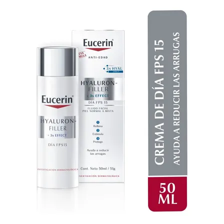 Crema Eucerin Hyaluron - Filler Día Piel Normal a MIxta Fps15 X 50ml Eucerin Hyaluron-Filler para piel normal a mixta de 50mL/51g