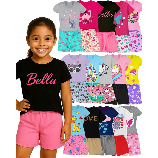Modelo infantil vestindo conjunto preto com estampa Bella e shorts rosa, cercada por diversas opções de conjuntos infantis de verão com estampas variadas e cores vibrantes