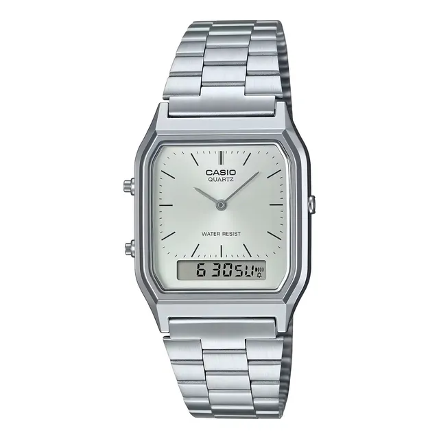 Reloj Casio Vintage Aq230a Aq-230a-7a Wr Analogo Digital Malla Plateado Bisel Plateado Fondo Plateado