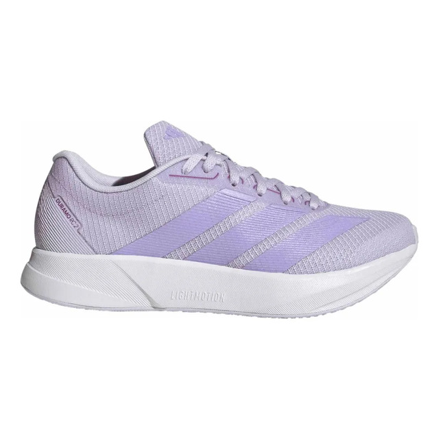 Tênis de corrida feminino adidas Duramo RC2 na cor lilás, visto de perfil, com entressola branca e detalhes em degradê