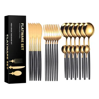 24pcs Conjunto De Talheres De Aço Luxo Inoxidåvel Preto-ouro 24pcs Conjunto De Talheres De Aço Luxo Inoxidåvel Preto-ouro