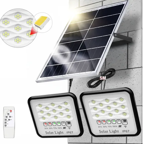 Lámpara Solar Exterior Reflectores Led Jardín Suburbana 2pz Con 2 Cables De 5m Y Control Remoto - Ip67 Impermeable, Panel De Alta Eficiencia, Kit Completo Para Uso En Interior/exterior