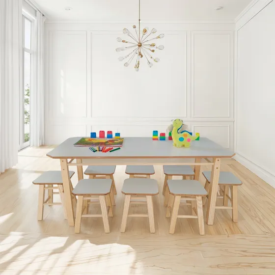 Mesa Retangular Infantil Com 8 Banquetas Escolar Criança