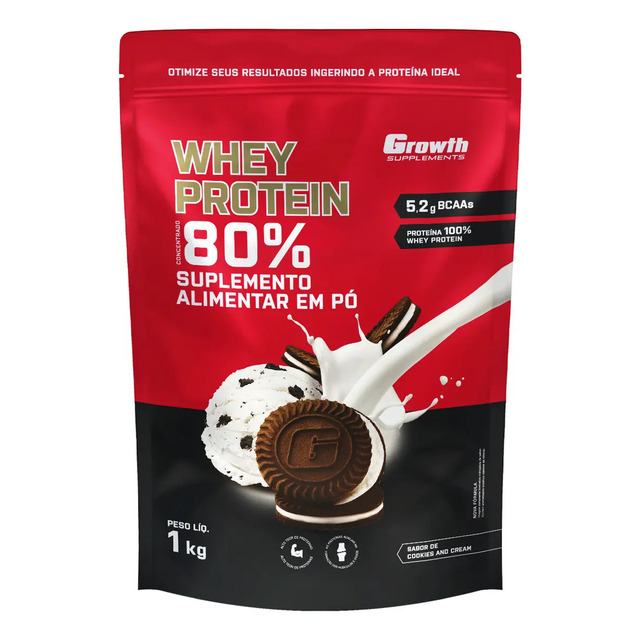 Embalagem do Whey Protein Concentrado 1kg da Growth Supplements sabor Cookies and Cream com ilustração de biscoitos e leite
