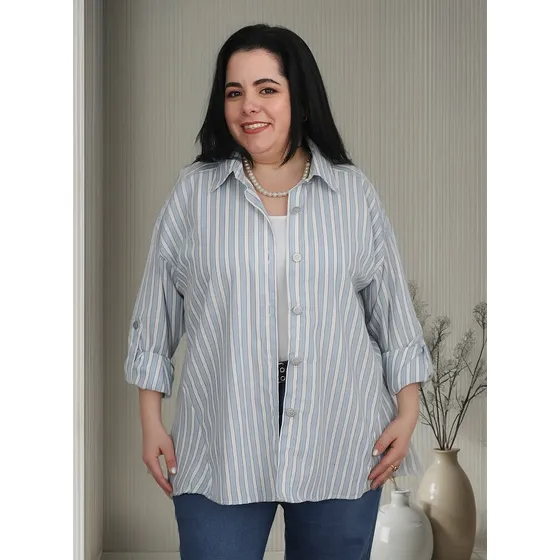 Camisa Popelina Rayada Celeste Talles Grandes 