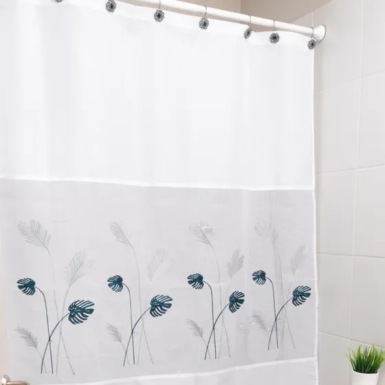 Cortina De Baño Telfon Bordado Organza Premium Tela Blanca Flor Gris Y Petroleo