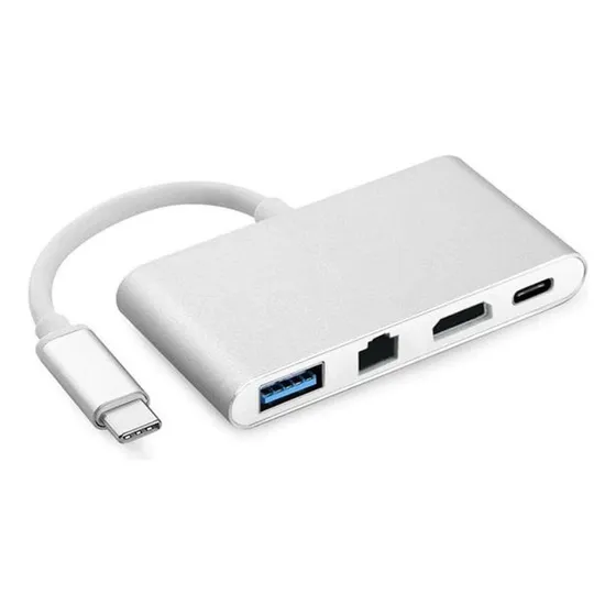 Adaptador Multiportas Usb Tipo C Para Usb 3.0 Rj45 Hdmi Cor Prateado