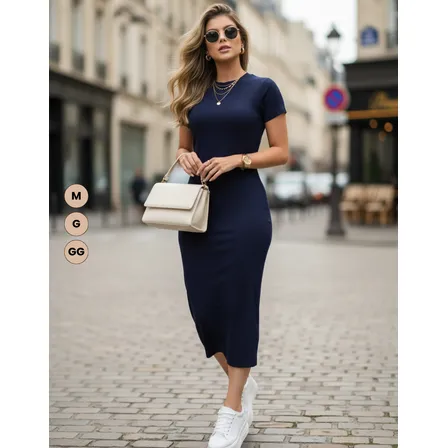 Vestido Feminino Midi Manga Curta Acinturado Modelador Verão