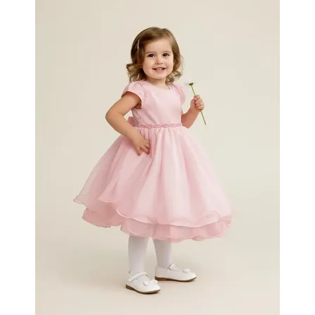 Vestido Batizado Manga Princesa Saia Gode Cinto Perola P-g Rosa-claro M