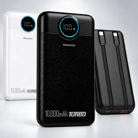 Power Bank 10000 mah Turbo Carga Rápida Carregador Portátil Com Cabo Integrado Display Digital Usb Tipo C Compativel com iPhone Android iOS Samsung Xiaomi Motorola Celular Eletromind