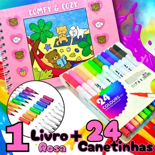 Livro De Colorir Comfy E Cozy Capa Dura 50 Folhas Com Acetato + 24 Canetinhas Brush Pen Ponta Dupla Coloridas - Ideal Para Relaxar Estimular Criatividade Infantil Para Deixar As Telas Livro De Colorir Comfy E Cozy Capa Dura 50 Folhas Com Acetato + 24 Canetinhas Brush Pen Ponta Dupla Coloridas - Ideal Para Relaxar Estimular Criatividade Infantil Para Deixar As Telas