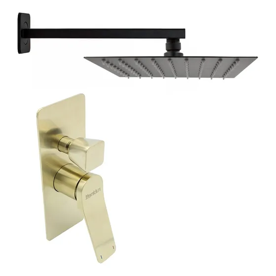 Regadera Negra Cuadrada 25cm Monomando Desviador Dorado Acabado Mate Color Negro Mate