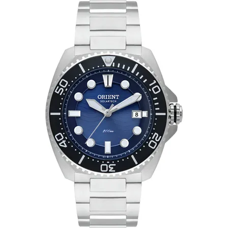 Relógio Orient Solartech Diver Masculino Azul 200m Aço Inoxidável Prateado Preto