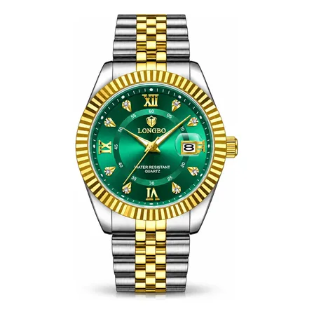 Relógio Masculino Longbo Aço Inox Quartzo 30m Calendário Prateado Dourado Verde-escuro
