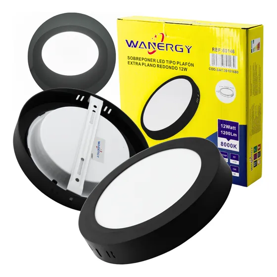 Lampara De Sobreponer Led 12w Aro Negro Luz Blanca Redonda 