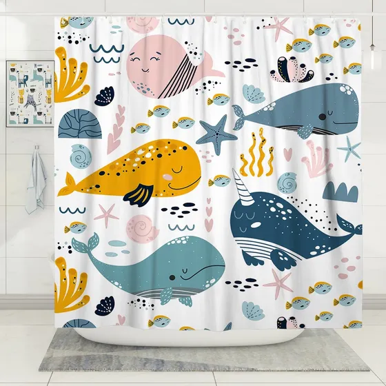 Linda Cortina Ducha Para Niño Divertida Ballena Oceano Pez X