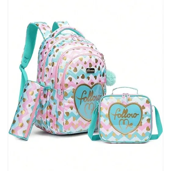 Morral Lonchera Y Cartuchera Corazones Dorados