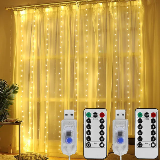 Serie de luces de cortina de 2 paneles, 3 x 3 m, 300 LED, decoración, enchufe USB, impermeable, 8 modos, con control remoto. En interiores y exteriores. Adecuado para Navidad, bodas, fiestas, dormitor