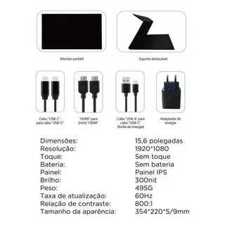 Monitor Gamer PortĂĄtil Full Sllin Viagens Trabalho Tipe-c Hdmi Cor Preto 127/220v Tomate Mtm-1506 Monitor Gamer PortĂĄtil Full Sllin Viagens Trabalho Tipe-c Hdmi Cor Preto 127/220v Tomate Mtm-1506