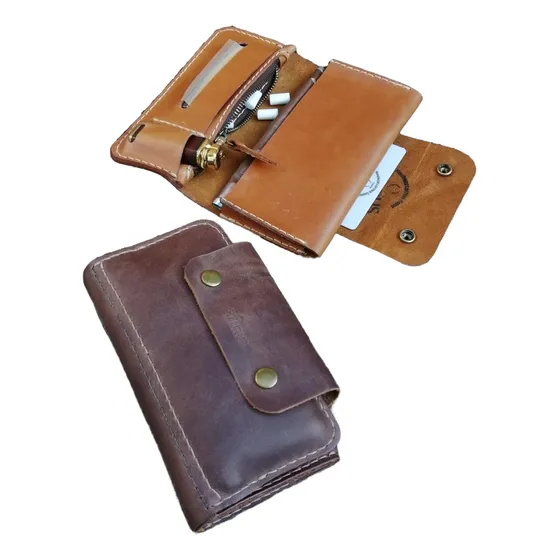 Tabaquera De Cuero Con Bolsillo Tarjetas Hojillas Encendedor