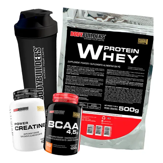 Kit Whey Protein 500g + Creatina + Bcaa + Coqueteleira
