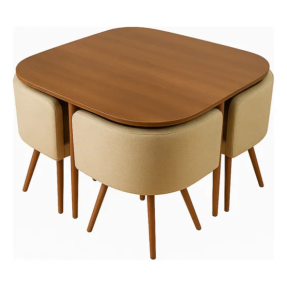 Juego De Mesa + 4 Sillas De Comedor En Madera Natural Hierro Resistente Y Lino Beige | Diseño Rústico, Moderno Con Estilo Minimalista Y Acabado Premium | Ideal Para Comedores, Cocina O Living Vincenzi