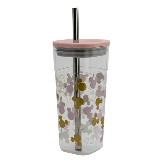 Vaso Acrílico Cuadrado Minnie Con Pajita Acero 540 Ml Color Rosa