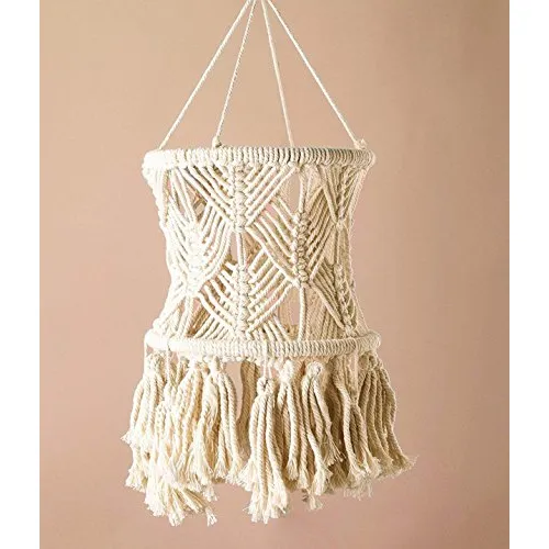 Farol Colgante Con Borlas Y Pantalla De Macramé De Fibra Par