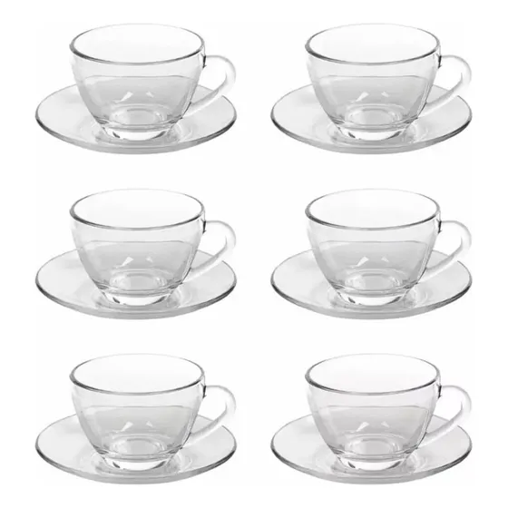 Jogo Xícaras Café Com Pires Chá 12 Peças Vidro Incolor 230ml