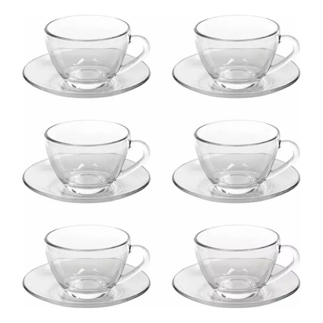 Jogo Xícaras Café Com Pires Chá 12 Peças Vidro Incolor 230ml Jogo Xícaras Café Com Pires Chá 12 Peças Vidro Incolor 230ml
