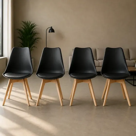 Silla Comedor Nórdica Tulip Negra Pack X4 Asiento Acolchado Ecocuero
